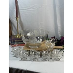 Vintage Anchor Hocking Punch Bowl Set with 12 Cups - Gold Rim and Grape Leaves